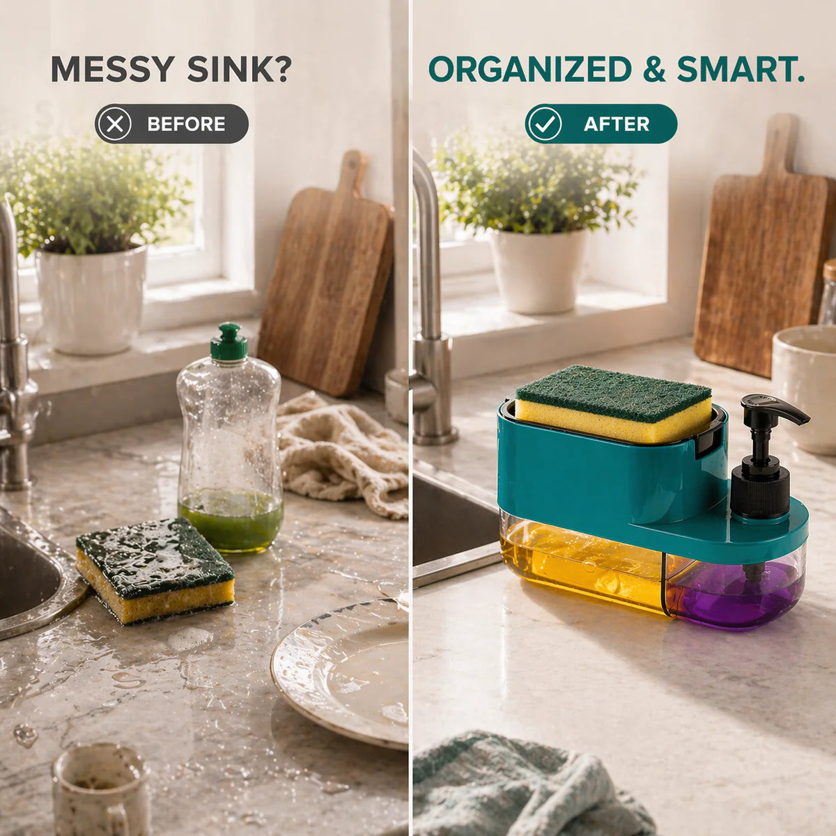 Houseish™ 3-in-1 Kitchen Sink Organizer | Soap Dispenser, Handwash & Sponge Holder