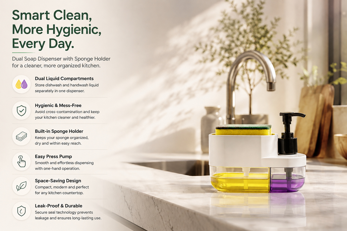 Houseish™ 3-in-1 Kitchen Sink Organizer | Soap Dispenser, Handwash & Sponge Holder