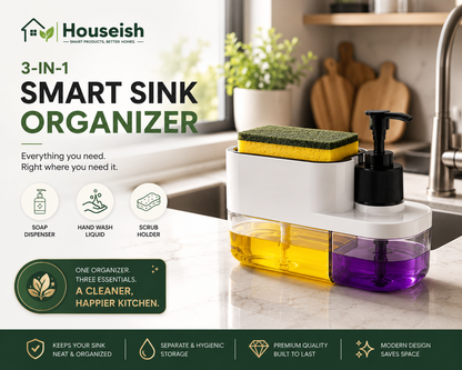 Houseish™ 3-in-1 Kitchen Sink Organizer | Soap Dispenser, Handwash & Sponge Holder