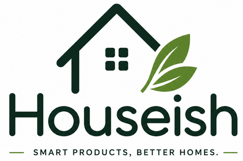 A logo on a white background featuring a dark green house outline with two green leaves, next to the word 'Houseish' in dark green, with the tagline 'SMART PRODUCTS, BETTER HOMES.' underneath.