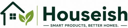 A logo on a white background featuring a dark green house outline with two green leaves, next to the word 'Houseish' in dark green, with the tagline 'SMART PRODUCTS, BETTER HOMES.' underneath.