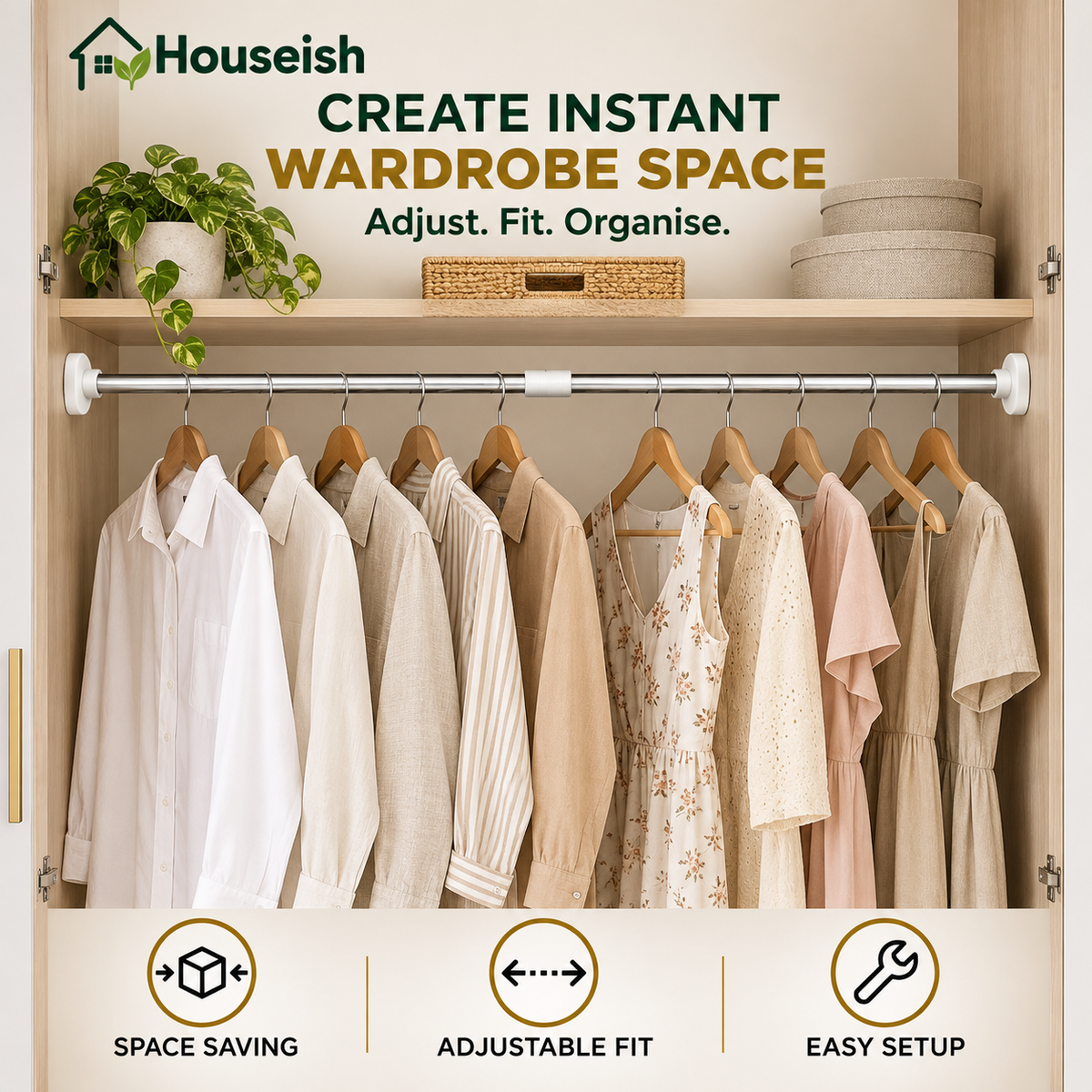 Houseish™ Drill-Free Multifunctional Adjustable Rod. No Drilling. No Wall Damage. Instant Privacy & Space.