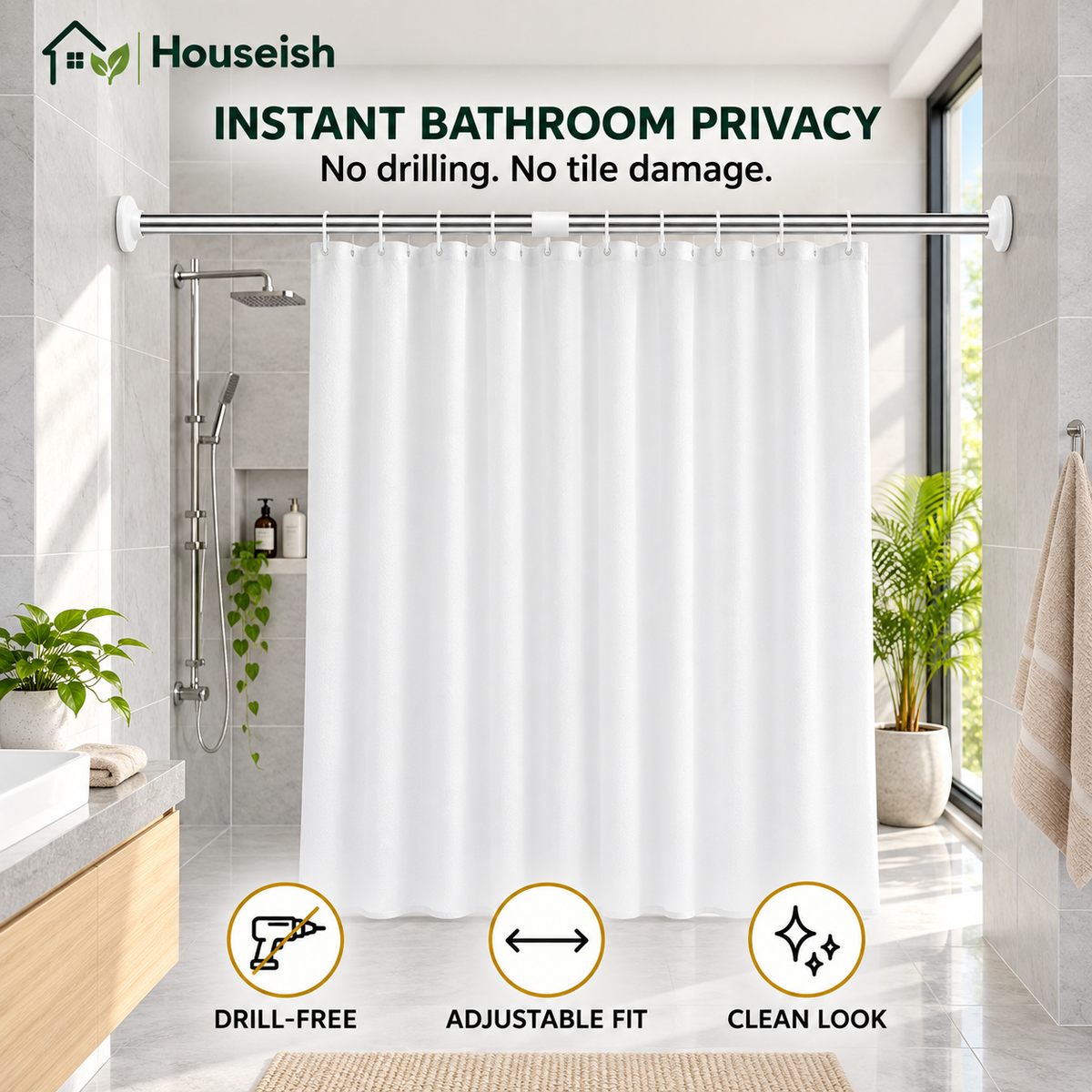 Houseish™ Drill-Free Multifunctional Adjustable Rod. No Drilling. No Wall Damage. Instant Privacy & Space.