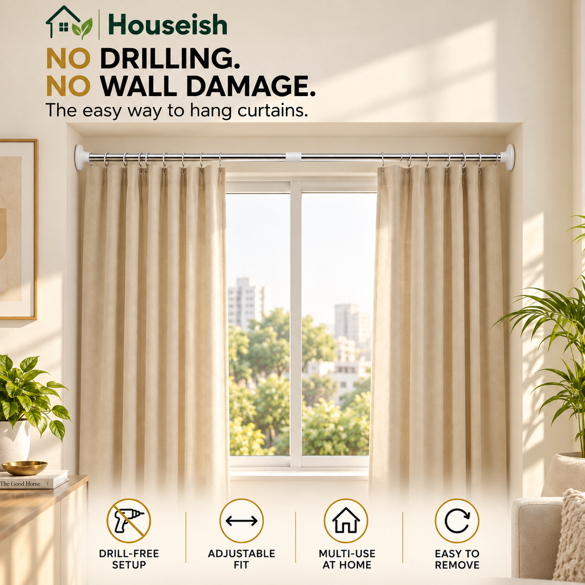 Houseish™ Drill-Free Multifunctional Adjustable Rod. No Drilling. No Wall Damage. Instant Privacy & Space.